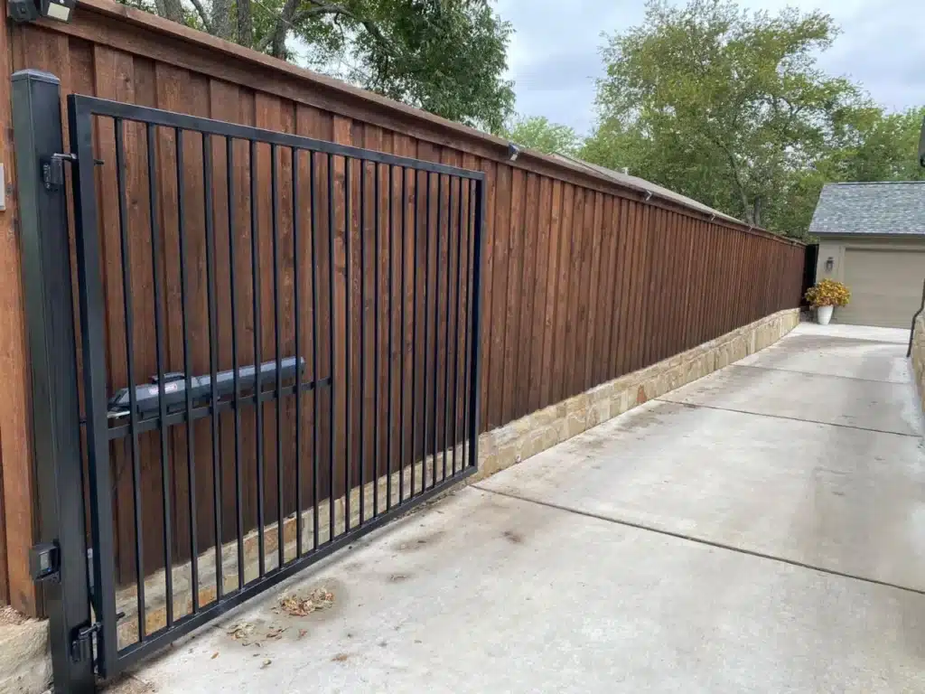 Dark Oak Privacy Fence With Wrought Iron Gate