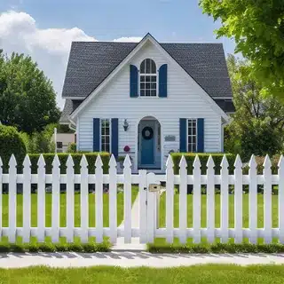 white home with blue accents and large outdoor area